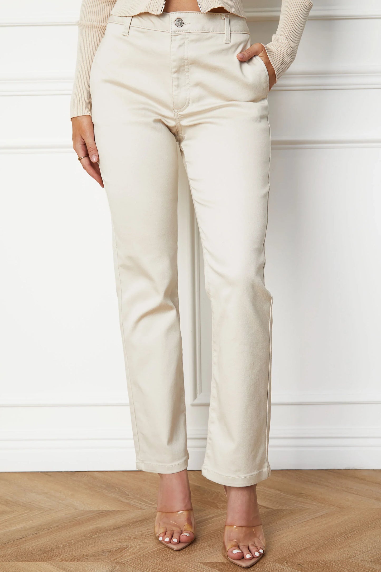 Beige Straight Twill Slim Fit Pants